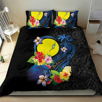 Palau Independence Day Bedding Set Melanesian Tattoo with Hibiscus