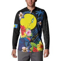 Palau Independence Day Button Sweatshirt Melanesian Tattoo with Hibiscus