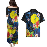 Palau Independence Day Couples Matching Puletasi and Hawaiian Shirt Melanesian Tattoo with Hibiscus