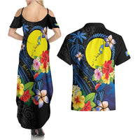 Palau Independence Day Couples Matching Summer Maxi Dress and Hawaiian Shirt Melanesian Tattoo with Hibiscus