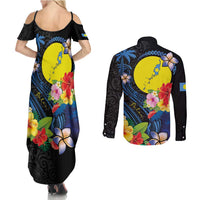 Palau Independence Day Couples Matching Summer Maxi Dress and Long Sleeve Button Shirt Melanesian Tattoo with Hibiscus