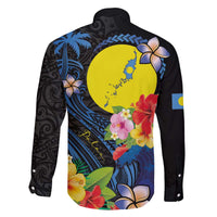 Palau Independence Day Family Matching Off The Shoulder Long Sleeve Dress and Hawaiian Shirt Melanesian Tattoo with Hibiscus