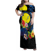 Palau Independence Day Family Matching Off Shoulder Maxi Dress and Hawaiian Shirt Melanesian Tattoo with Hibiscus