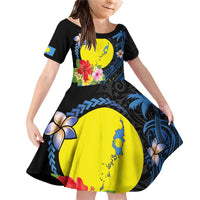 Palau Independence Day Family Matching Off Shoulder Short Dress and Hawaiian Shirt Melanesian Tattoo with Hibiscus