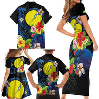 Palau Independence Day Family Matching Short Sleeve Bodycon Dress and Hawaiian Shirt Melanesian Tattoo with Hibiscus