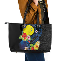 Palau Independence Day Leather Tote Bag Melanesian Tattoo with Hibiscus