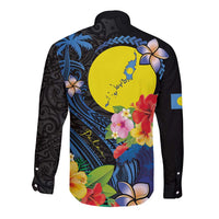 Palau Independence Day Long Sleeve Button Shirt Melanesian Tattoo with Hibiscus