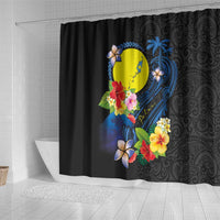 Palau Independence Day Shower Curtain Melanesian Tattoo with Hibiscus