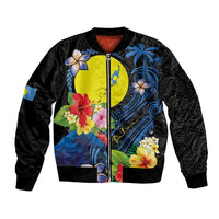Palau Independence Day Sleeve Zip Bomber Jacket Melanesian Tattoo with Hibiscus