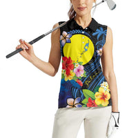 Palau Independence Day Women Sleeveless Polo Shirt Melanesian Tattoo with Hibiscus