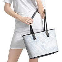Hawaiian Turtles and Leis Leather Tote Bag Tribal Kakau Pattern Airy White Blue Cloud Vibe