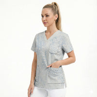 Hawaiian Turtles and Leis Scrub Top Tribal Kakau Pattern Airy White Blue Cloud Vibe