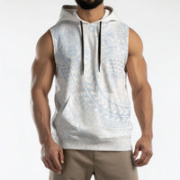 Hawaiian Turtles and Leis Sleeveless Hoodie Tribal Kakau Pattern Airy White Blue Cloud Vibe