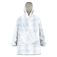 Hawaiian Turtles and Leis Wearable Blanket Hoodie Tribal Kakau Pattern Airy White Blue Cloud Vibe