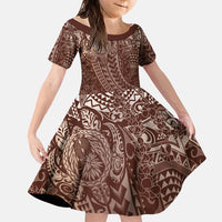Hawaiian Turtles and Leis Family Matching Long Sleeve Bodycon Dress and Hawaiian Shirt Tribal Kakau Pattern Mocha Mousse Color