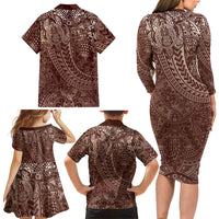 Hawaiian Turtles and Leis Family Matching Long Sleeve Bodycon Dress and Hawaiian Shirt Tribal Kakau Pattern Mocha Mousse Color