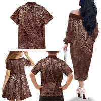 Hawaiian Turtles and Leis Family Matching Off The Shoulder Long Sleeve Dress and Hawaiian Shirt Tribal Kakau Pattern Mocha Mousse Color