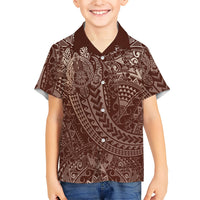 Hawaiian Turtles and Leis Family Matching Off Shoulder Short Dress and Hawaiian Shirt Tribal Kakau Pattern Mocha Mousse Color