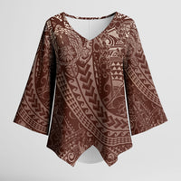 Hawaiian Turtles and Leis Kimono Sleeve Blouse Tribal Kakau Pattern Mocha Mousse Color