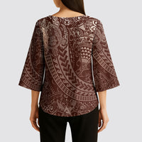 Hawaiian Turtles and Leis Kimono Sleeve Blouse Tribal Kakau Pattern Mocha Mousse Color