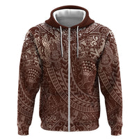 Hawaiian Turtles and Leis Zip Hoodie Tribal Kakau Pattern Mocha Mousse Color