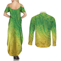 Hawaiian Turtles and Leis Couples Matching Summer Maxi Dress and Long Sleeve Button Shirt Tribal Kakau Pattern Fresh Summer Vibe