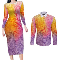 Hawaiian Turtles and Leis Couples Matching Long Sleeve Bodycon Dress and Long Sleeve Button Shirt Tribal Kakau Pattern Magical Rainbow Sky