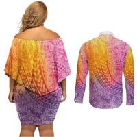 Hawaiian Turtles and Leis Couples Matching Off Shoulder Short Dress and Long Sleeve Button Shirt Tribal Kakau Pattern Magical Rainbow Sky