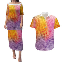Hawaiian Turtles and Leis Couples Matching Puletasi and Hawaiian Shirt Tribal Kakau Pattern Magical Rainbow Sky