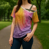 Hawaiian Turtles and Leis Cross Shoulder Shirt Tribal Kakau Pattern Magical Rainbow Sky