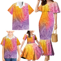 Hawaiian Turtles and Leis Family Matching Mermaid Dress and Hawaiian Shirt Tribal Kakau Pattern Magical Rainbow Sky