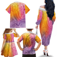 Hawaiian Turtles and Leis Family Matching Off The Shoulder Long Sleeve Dress and Hawaiian Shirt Tribal Kakau Pattern Magical Rainbow Sky