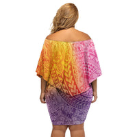 Hawaiian Turtles and Leis Family Matching Off Shoulder Short Dress and Hawaiian Shirt Tribal Kakau Pattern Magical Rainbow Sky
