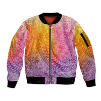 Hawaiian Turtles and Leis Sleeve Zip Bomber Jacket Tribal Kakau Pattern Magical Rainbow Sky