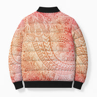 Hawaiian Turtles and Leis Bomber Puffer Jacket Tribal Kakau Pattern Peach Fuzz Color