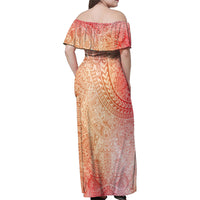 Hawaiian Turtles and Leis Family Matching Off Shoulder Maxi Dress and Hawaiian Shirt Tribal Kakau Pattern Peach Fuzz Color