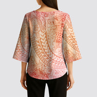 Hawaiian Turtles and Leis Kimono Sleeve Blouse Tribal Kakau Pattern Peach Fuzz Color