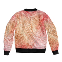Hawaiian Turtles and Leis Sleeve Zip Bomber Jacket Tribal Kakau Pattern Peach Fuzz Color