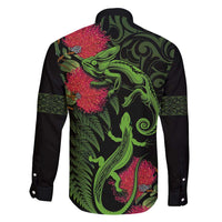 New Zealand Chameleon and Gecko Family Matching Off Shoulder Maxi Dress and Hawaiian Shirt Maori Silver Fern and Pohutukawa Decoration LT03 - Polynesian Pride