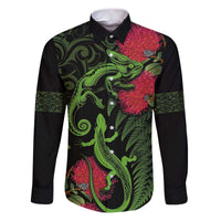 New Zealand Chameleon and Gecko Family Matching Puletasi and Hawaiian Shirt Maori Silver Fern and Pohutukawa Decoration LT03 Dad's Shirt - Long Sleeve Green - Polynesian Pride
