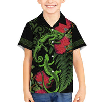 New Zealand Chameleon and Gecko Family Matching Summer Maxi Dress and Hawaiian Shirt Maori Silver Fern and Pohutukawa Decoration LT03 Son's Shirt Green - Polynesian Pride