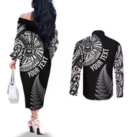 Personalised New Zealand Maori Art Tattoo and Silver Fern Couples Matching Off The Shoulder Long Sleeve Dress and Long Sleeve Button Shirt LT03 - Polynesian Pride