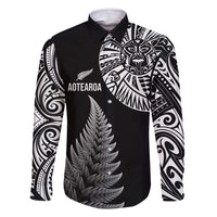 Personalised New Zealand Maori Art Tattoo and Silver Fern Family Matching Off Shoulder Maxi Dress and Hawaiian Shirt LT03 Dad's Shirt - Long Sleeve Black - Polynesian Pride