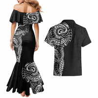 Polynesian Art Traditional Tattoo Pattern Couples Matching Mermaid Dress and Hawaiian Shirt