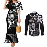 New Zealand Maori Warrior Rugby Couples Matching Mermaid Dress and Long Sleeve Button Shirt Silver Fern LT03 Black - Polynesian Pride