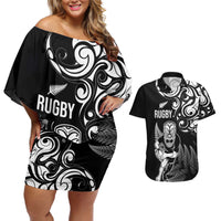 New Zealand Maori Warrior Rugby Couples Matching Off Shoulder Short Dress and Hawaiian Shirt Silver Fern