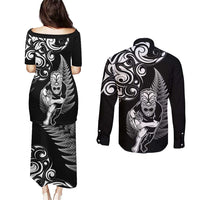 New Zealand Maori Warrior Rugby Couples Matching Puletasi and Long Sleeve Button Shirt Silver Fern LT03 - Polynesian Pride