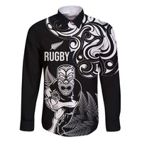 New Zealand Maori Warrior Rugby Family Matching Mermaid Dress and Hawaiian Shirt Silver Fern LT03 Dad's Shirt - Long Sleeve Black - Polynesian Pride