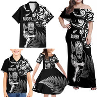 New Zealand Maori Warrior Rugby Family Matching Off Shoulder Maxi Dress and Hawaiian Shirt Silver Fern LT03 - Polynesian Pride