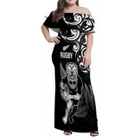 New Zealand Maori Warrior Rugby Family Matching Off Shoulder Maxi Dress and Hawaiian Shirt Silver Fern LT03 Mom's Dress Black - Polynesian Pride